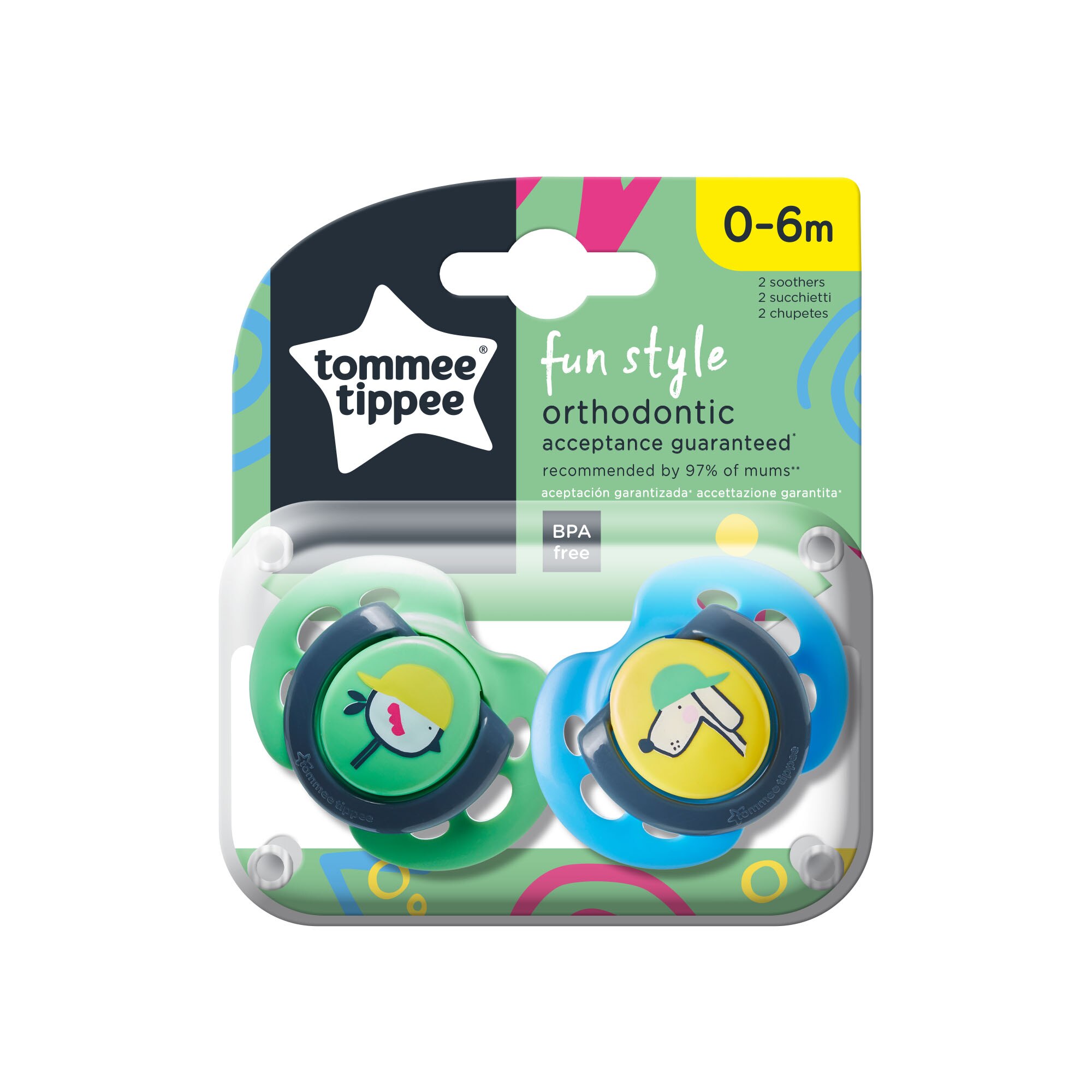 Set 2 suzete ortodontice de zi Tommee Tippee Fun, 0-6 luni, Pasare si Caine