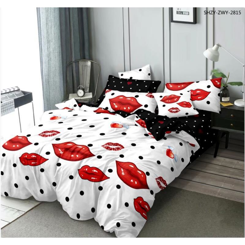 Set pentru pat din finet gros, 6 piese, JOJO HOME Imprimeu Buze Rosii