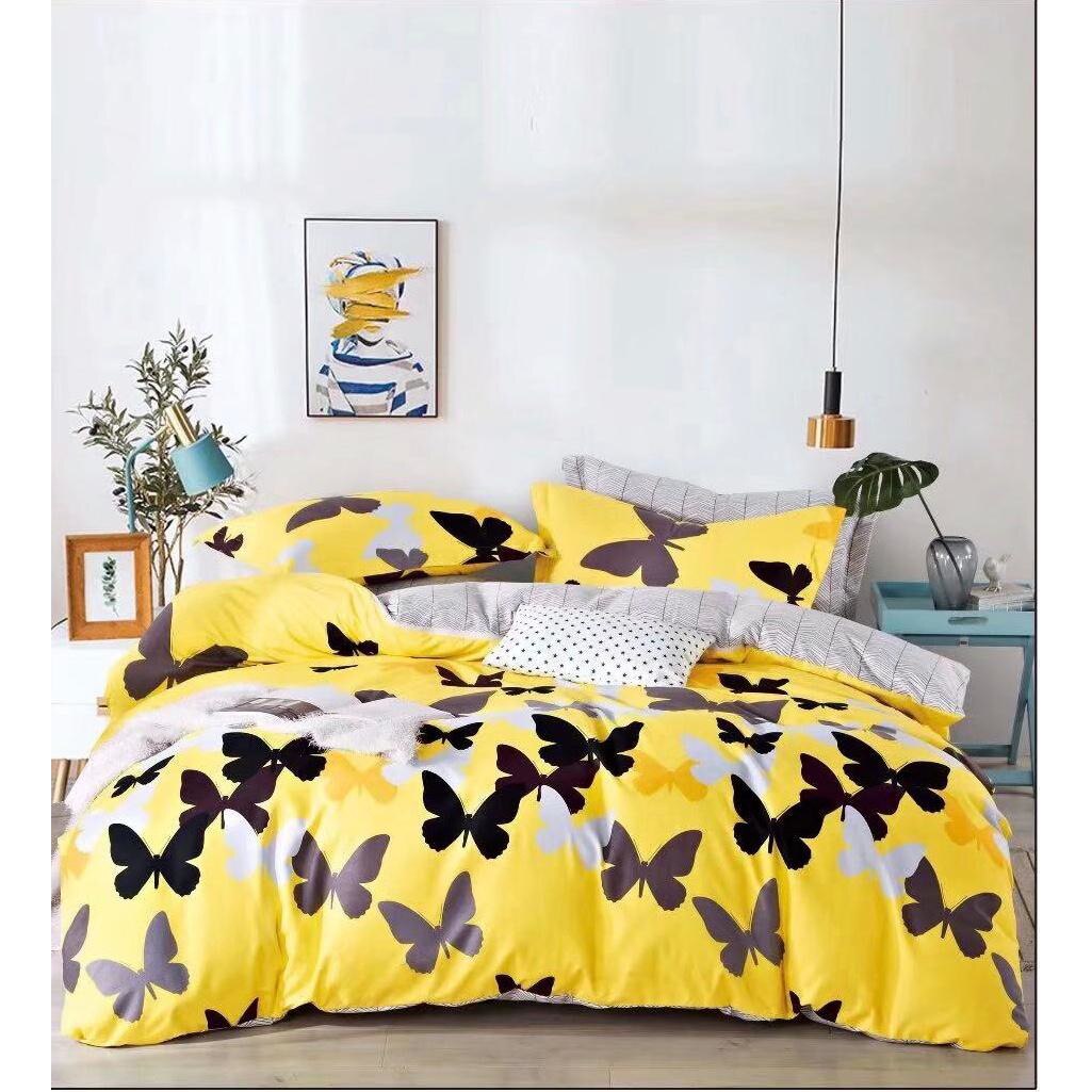 Set pentru pat din finet gros, 6 piese, JOJO HOME cu 2 fete cu imprimeu Fluturi Galben