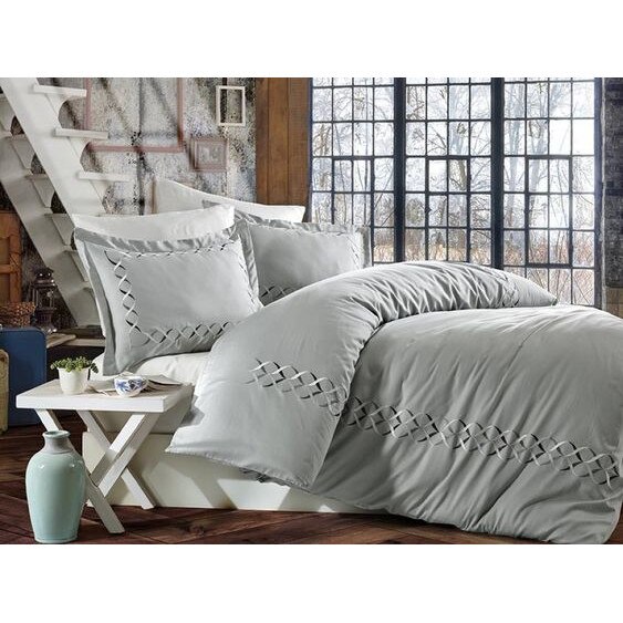 Lenjerie de pat brodata, de lux, bumbac satinat Elina, lenjerie pat dublu, 6 piese, 200x220 / 50x70, 100% bumbac