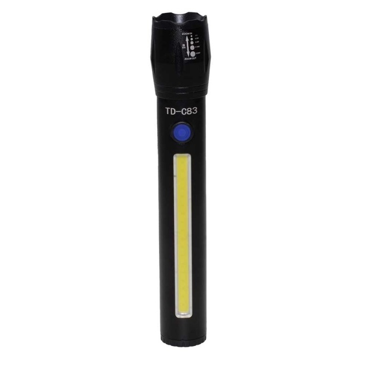 CREE LED фенер, zoom, мултифункционален, металик, 2 батерии, USB кабел, LED Side Cob 7 W, черен, ATX-BBL3583