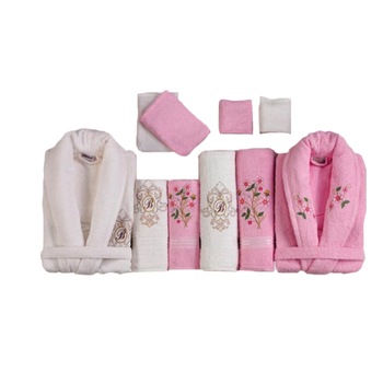 Set baie Belinda 10 piese, 2 x halat marime universala + 6 prosoape + 2 saculeti baie, culori alb+roz Set baie Belinda 10 piese, 2 x halat marime universala + 6 prosoape + 2 saculeti baie, culori alb+roz