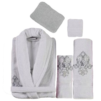 Set baie Belinda 4 piese, 1 halat marime universala + 3 prosoape, culoare alb Set baie Belinda 4 piese, 1 halat marime universala + 3 prosoape, culoare alb