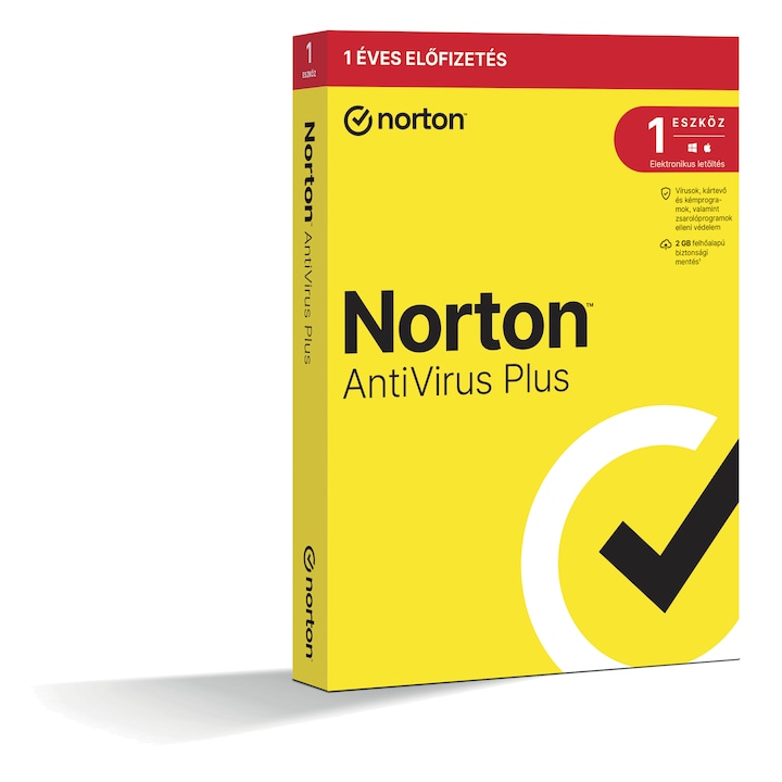 Norton AntiVirus Plus antivírus, 2GB, felhőalapú biztonsági mentés, HU, 1 felhasználó, 1 eszköz, 12 hónap, Generic Gum MM, dobozos