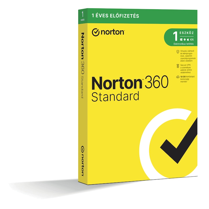 Norton 360 Standard, 10GB, Felhőalapu, Biztonsági mentés, PC-n HU, 1 Felhasználó, 1 Eszköz, 12 Hónap, Dobozos