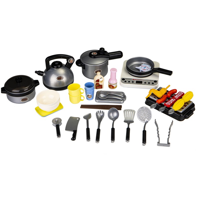 Set de gatit pentru copii HAPPY KITCHEN Dimensiuni pachet 28 x 23 x 18 cm, Include 40 de accesorii, aragaz cu efecte sonore si luminoase, gratar, cuptor, bucate, ceainic, oale, tigaie