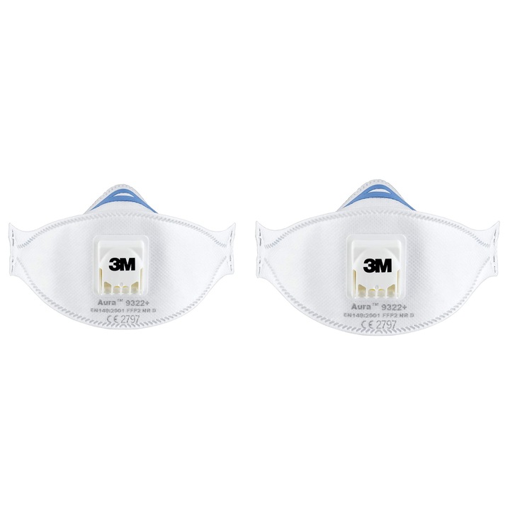 Комплект от 2 3M™ Aura™ 9322+ FFP2 дихателна защитна маска, NR D, С Cool Flow™ клапан