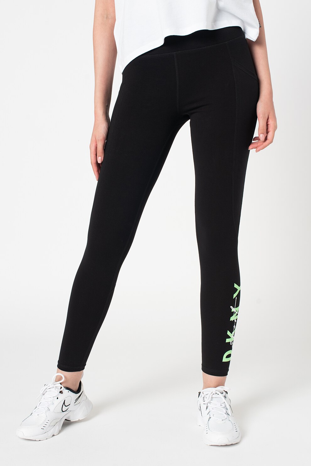 DKNY, Colanti cu talie inalta, pentru fitness, Negru/Verde neon, XS