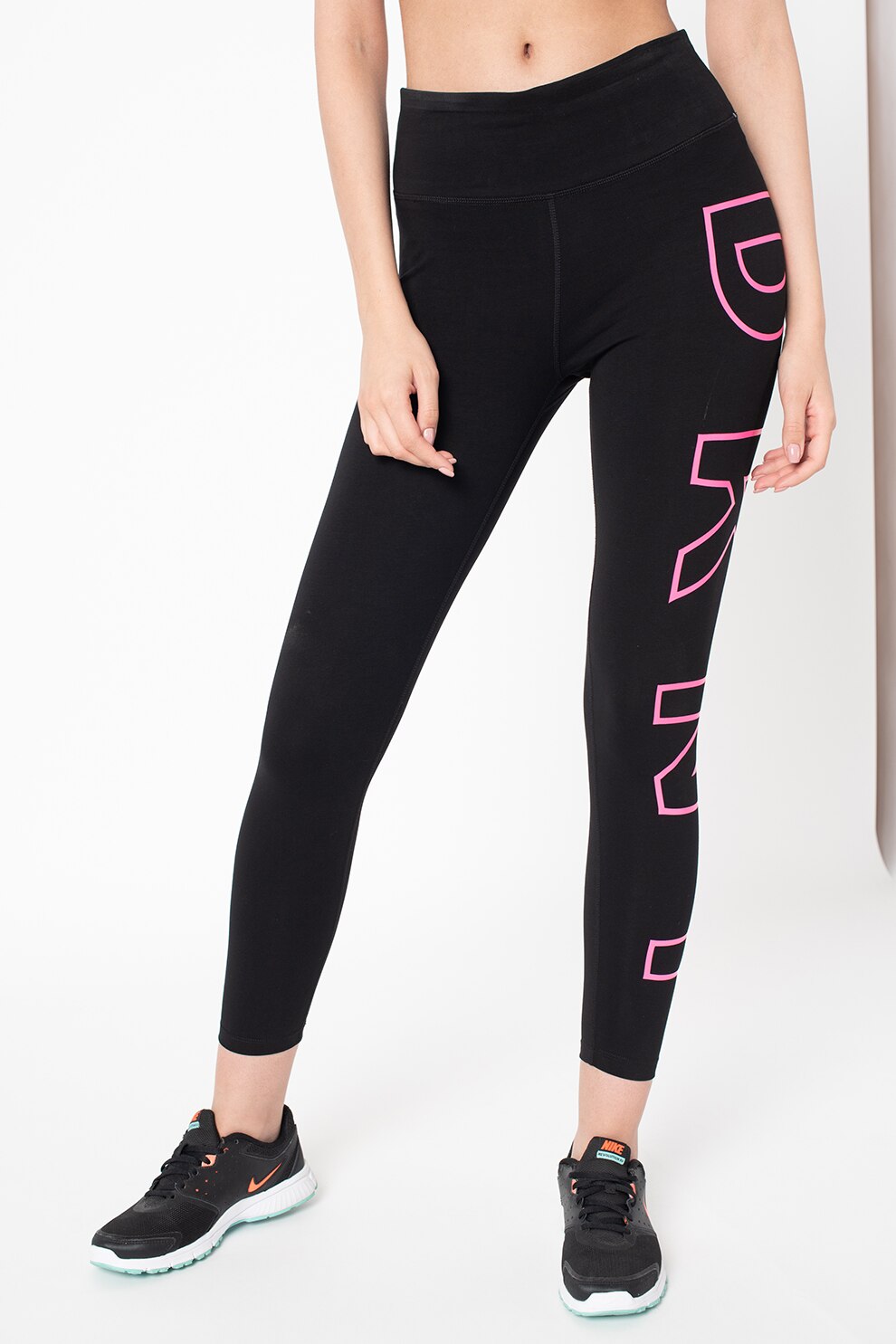 DKNY, Colanti cu imprimeu logo, pentru fitness, Negru/Roz neon, XS