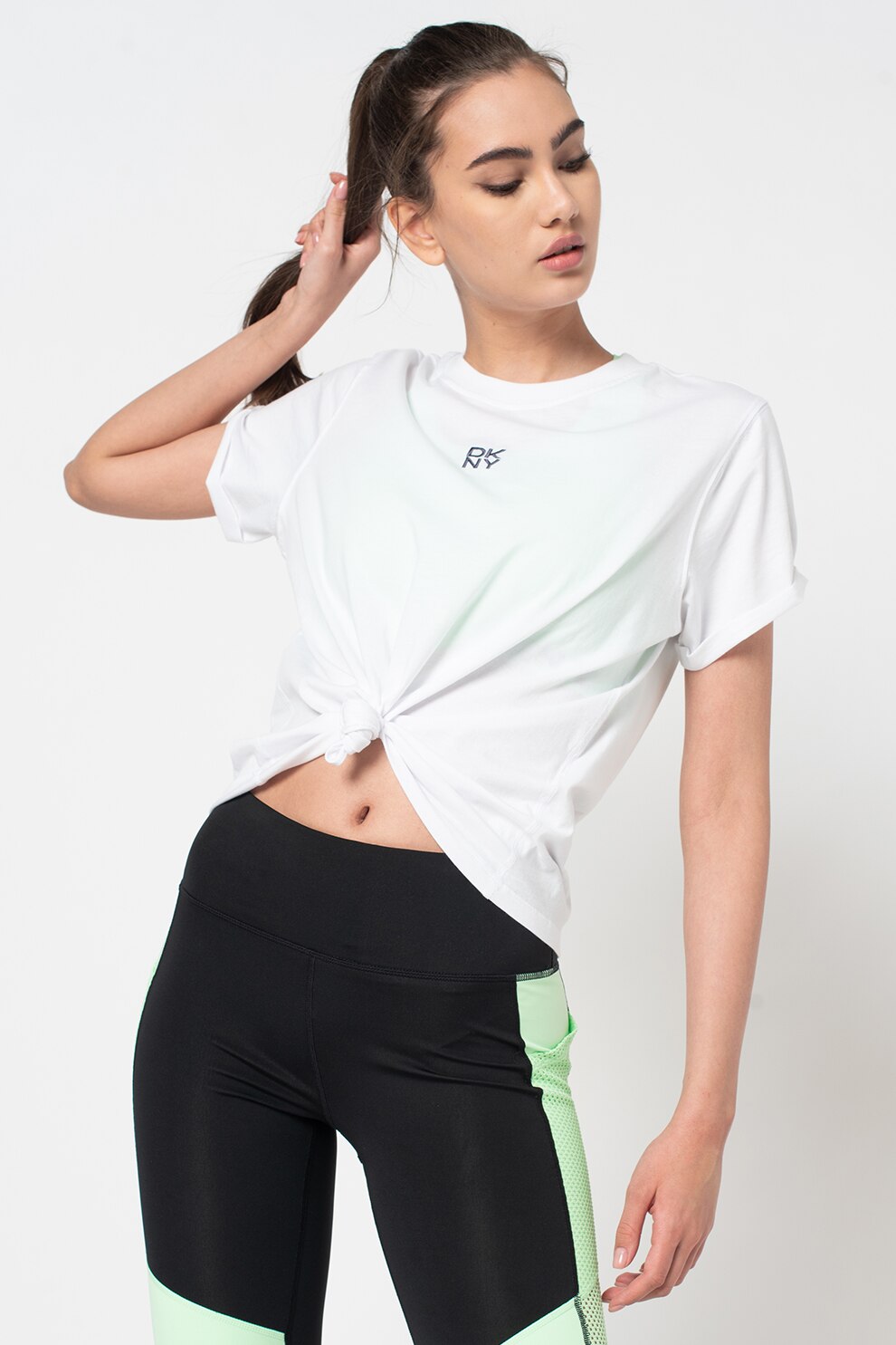 DKNY, Tricou cu decolteu la baza gatului si logo, Alb, XS