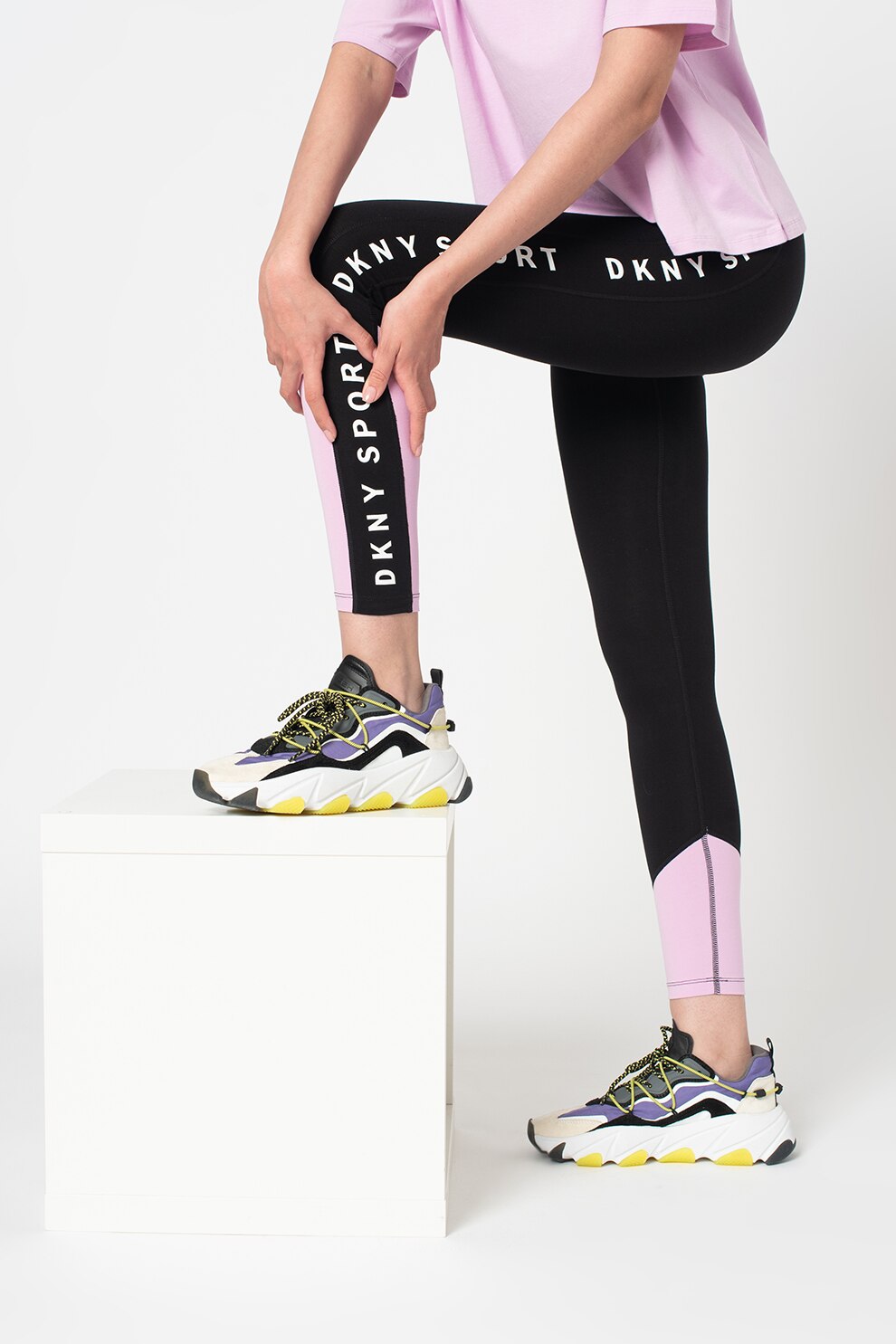 DKNY, Colanti cu benzi laterale cu logo, Negru/Lila