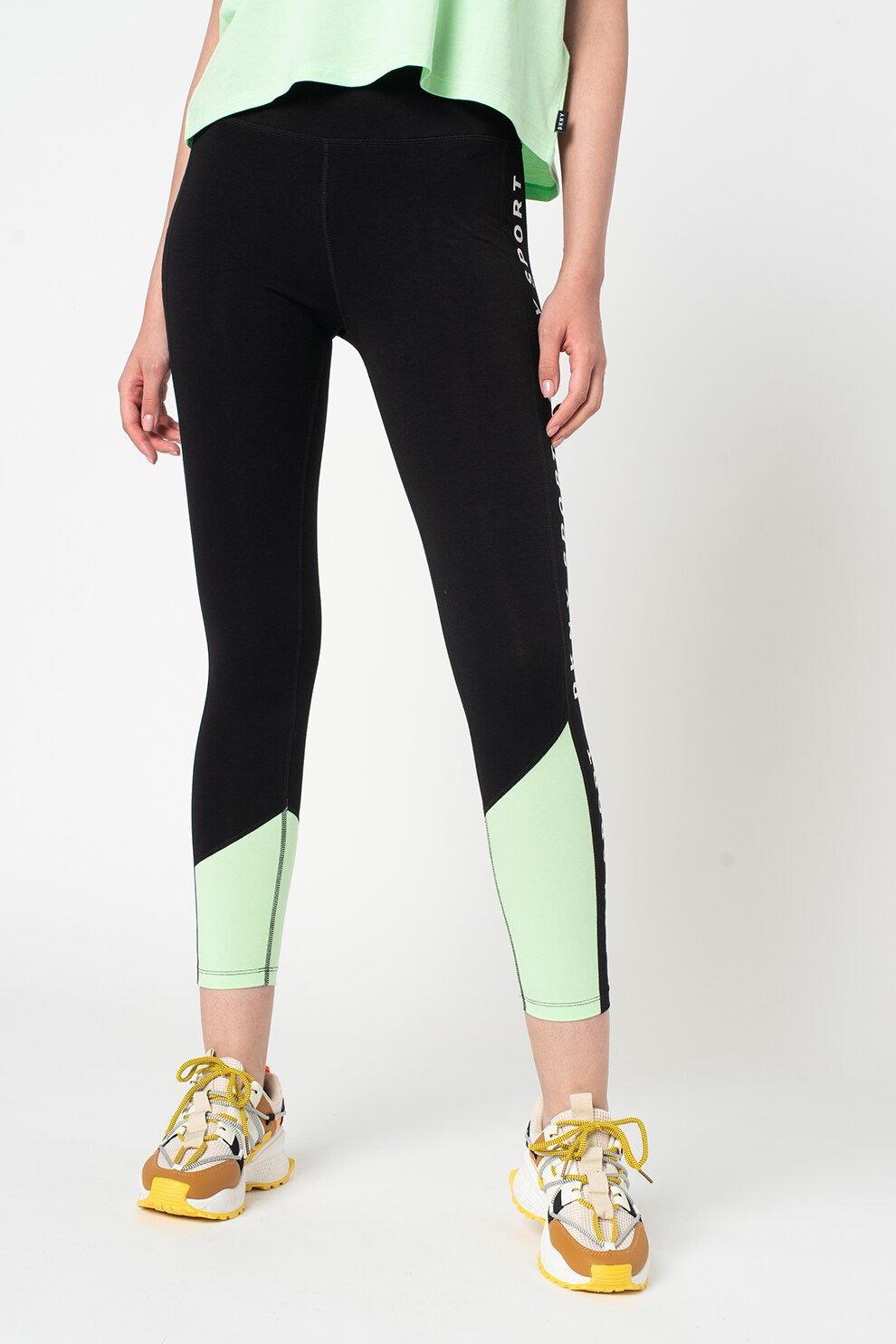 DKNY, Colanti cu benzi laterale cu logo, Negru/Verde neon