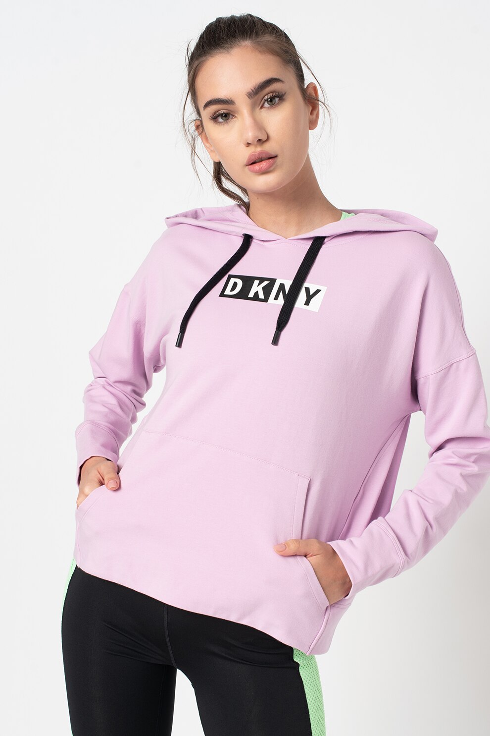 DKNY, Hanorac cu imprimeu logo si buzunar kangaroo, Lila