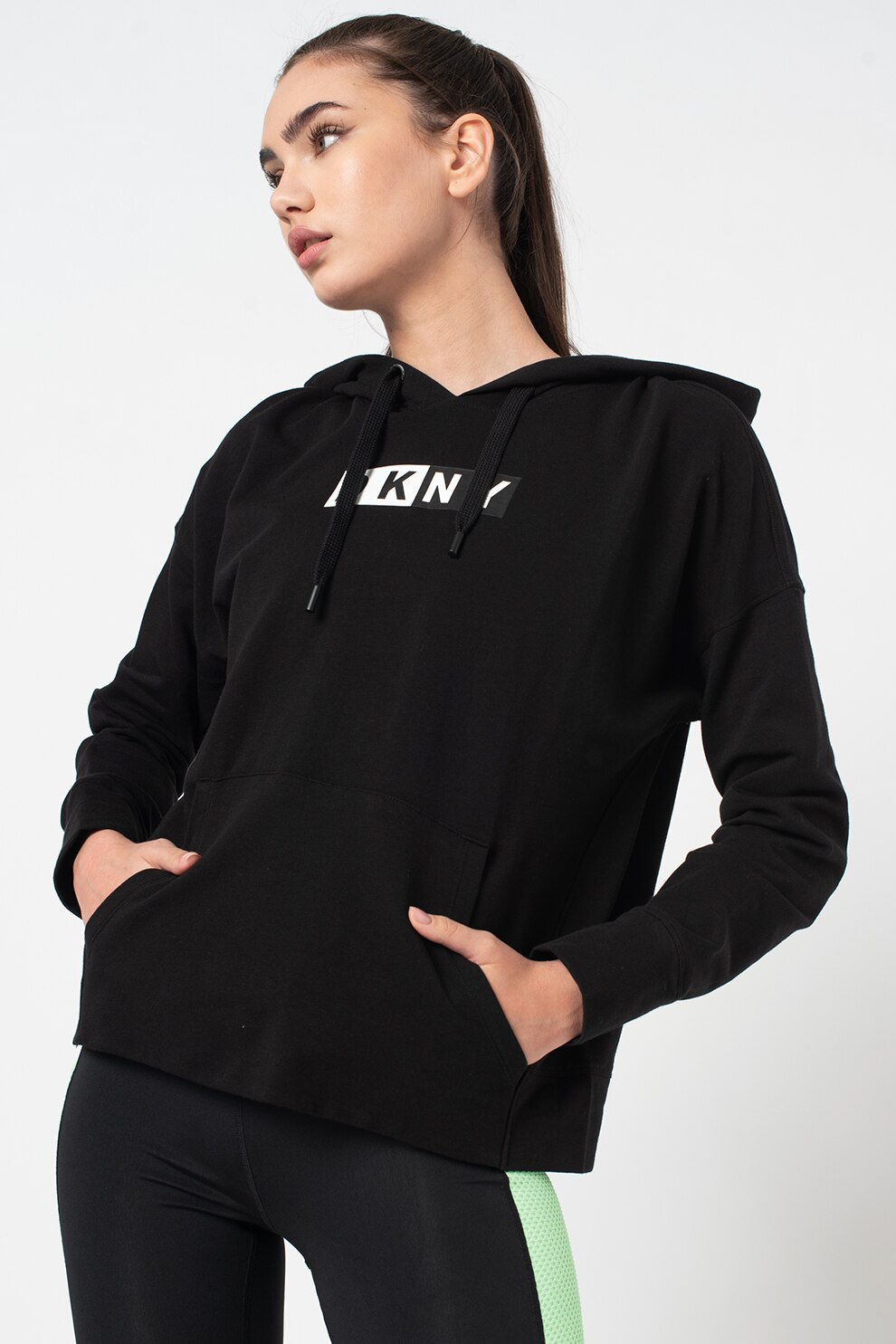 DKNY, Hanorac cu imprimeu logo si buzunar kangaroo, Negru