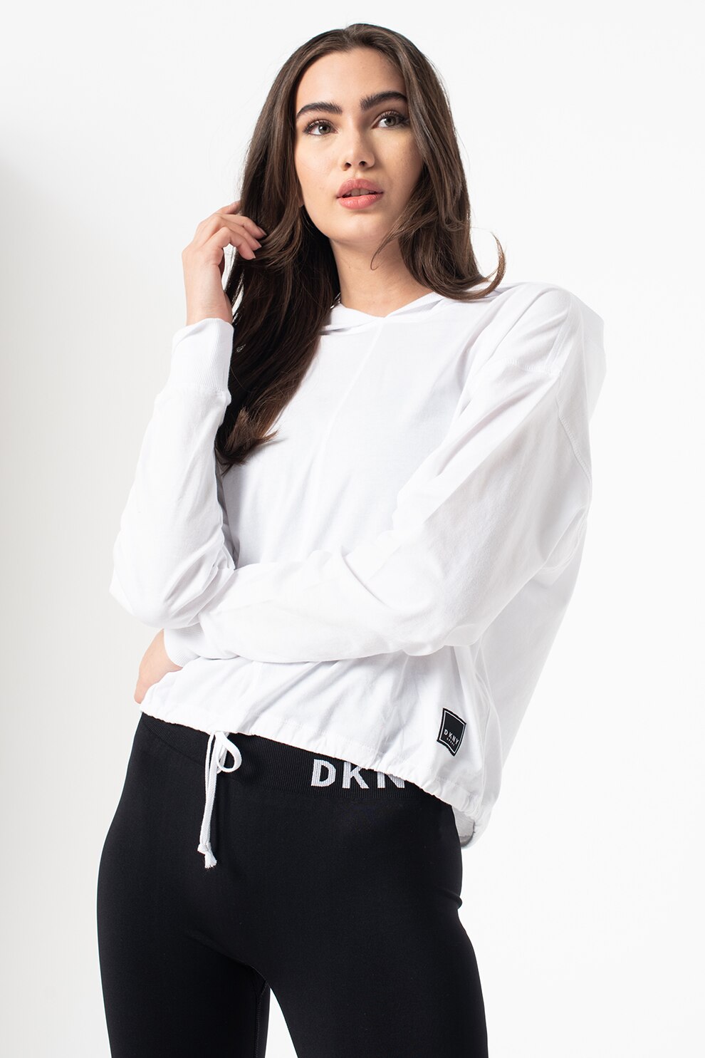 DKNY, Hanorac cu terminatie ajustabila, pentru fitness, Alb