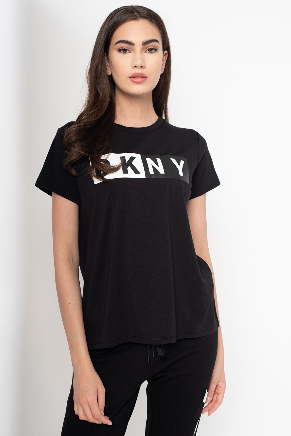 DKNY, Tricou din amestec de modal, cu decolteu la baza gatului si imprimeu logo, pentru fitness, Negru/Gri