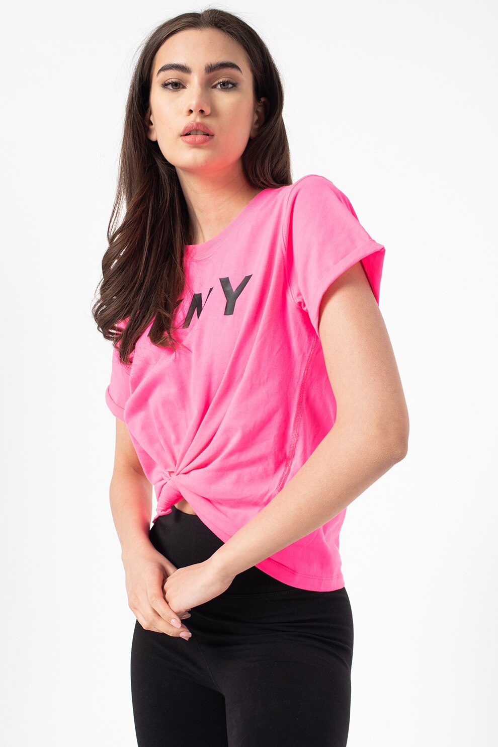 DKNY, Tricou cu decolteu la baza gatului si imprimeu logo, Roz neon/Negru