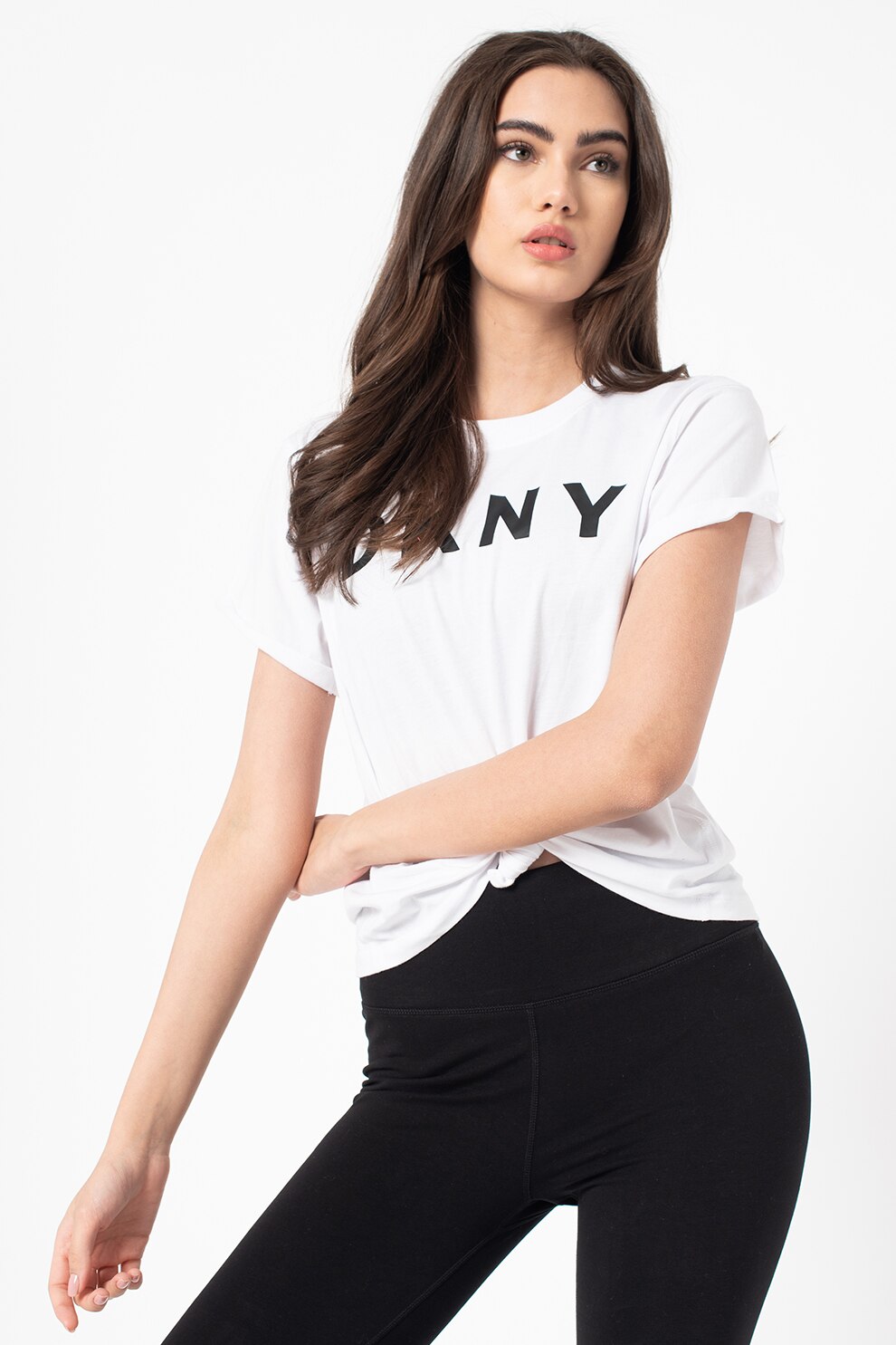DKNY, Tricou cu decolteu la baza gatului si imprimeu logo, Alb/Negru