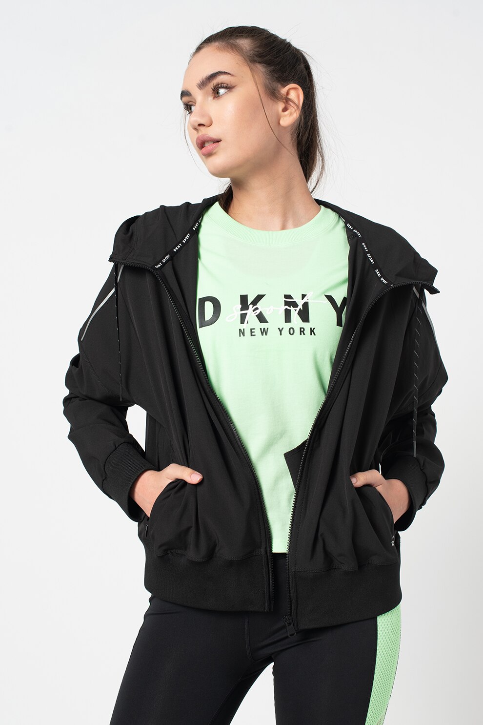 DKNY, Jacheta cu fermoar si maneci cazute, Negru