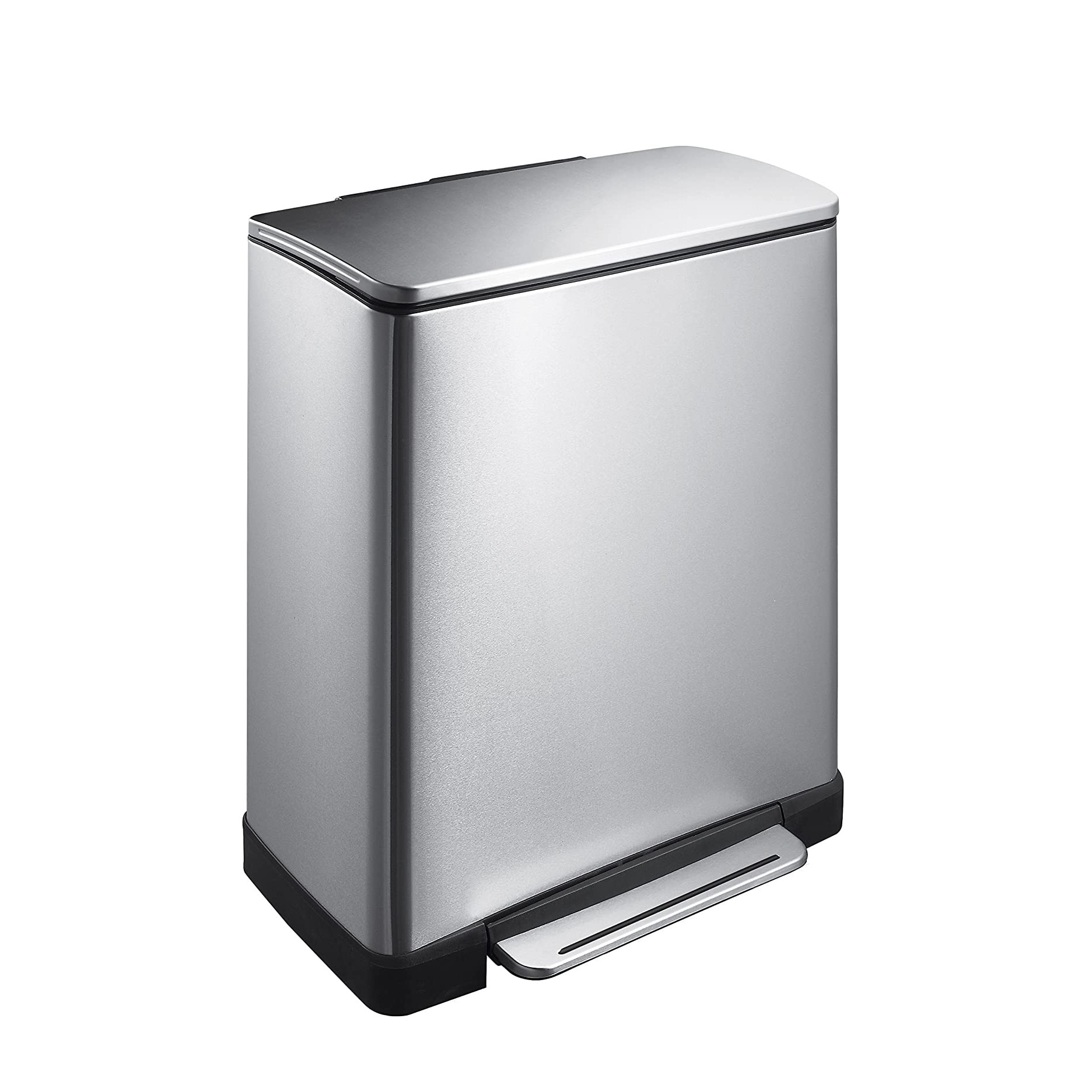 Cos de gunoi EKO, E-Cube, cu pedala, 2 compartimente 28/18 L, deschidere/inchidere silentioasa a capacului, functie sortare deseuri, corp din otel inoxidabil, rezistent la amprente, argintiu