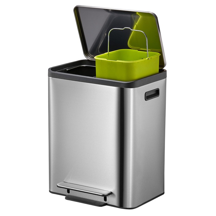 Cos de gunoi EKO, EcoCasa, cu pedala dubla, 2 compartimente x 30 L, deschidere/inchidere silentioasa a capacului, functie sortare deseuri, corp din otel inoxidabil, rezistent la amprente, argintiu