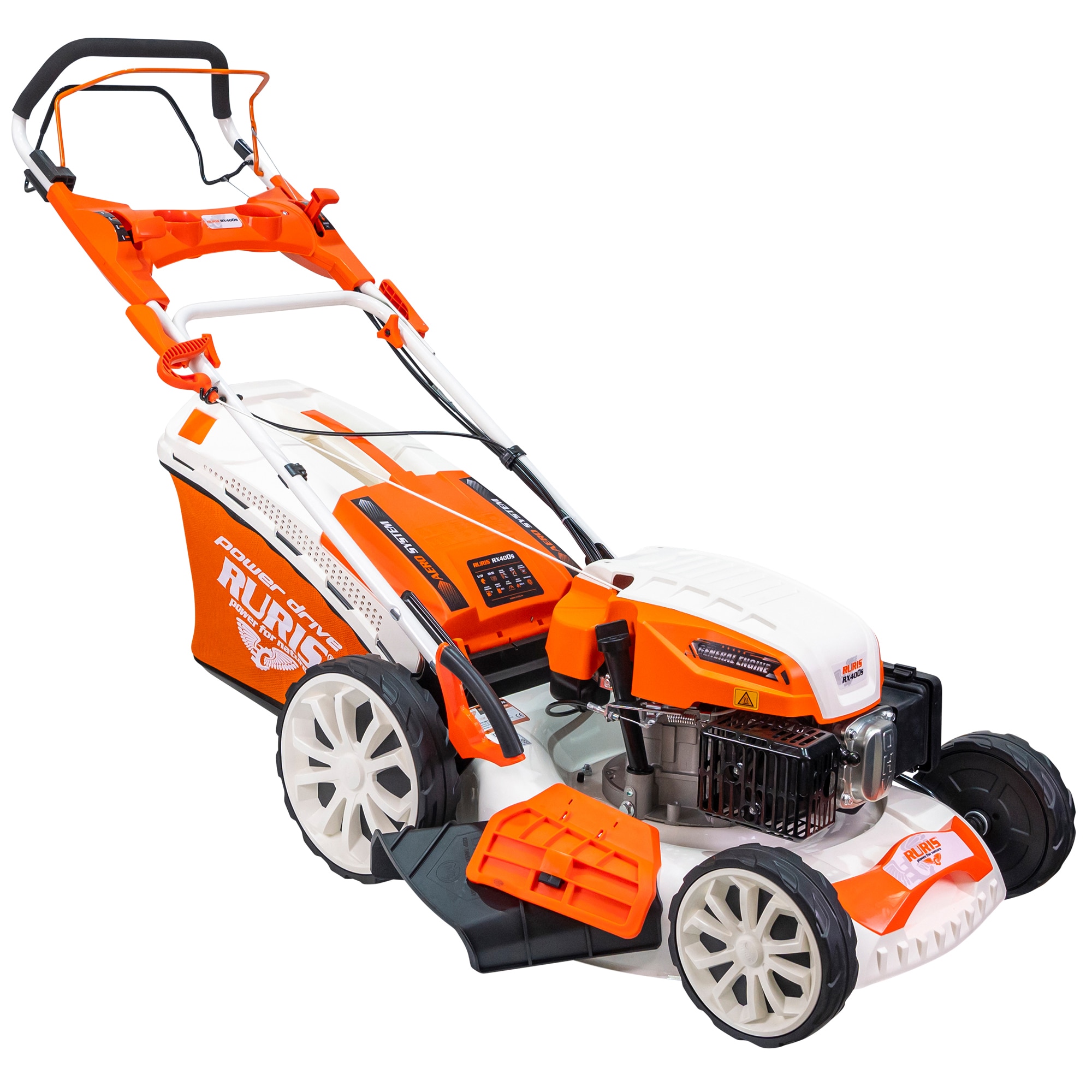 Masina de tuns gazon/iarba autopropulsata pe benzina Ruris RX400S, putere 5.7 CP, 196 CC, 51 cm latime taiere, 7 trepte de taiere, inaltime taiere 25 - 75 mm, sac colector 65 L, rezervor 1 l