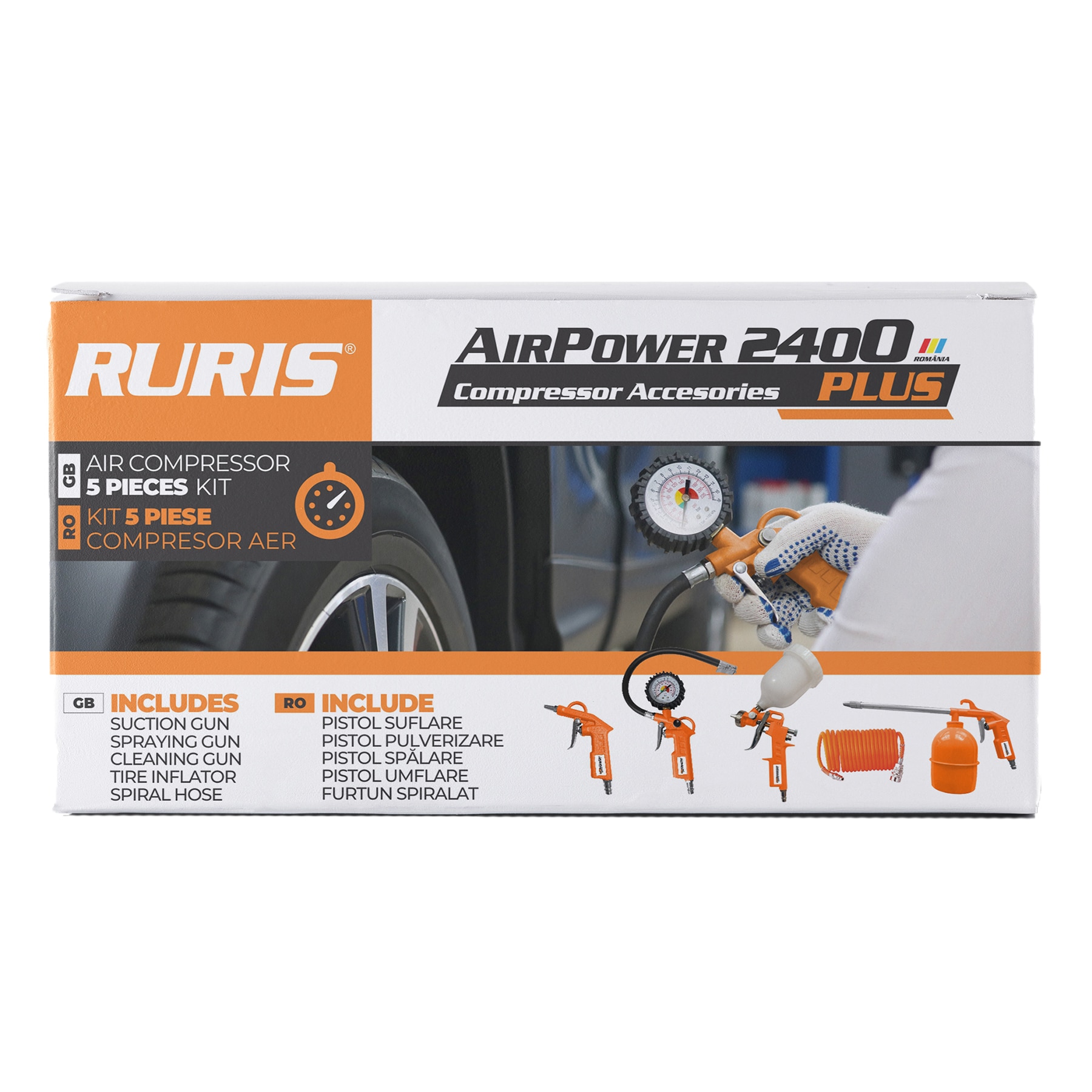 Kit accesorii aer comprimat AirPower2400plus (contine : pistol suflare, pistol pulverizare, pistol spălare, pistol umflare, furtun spiralat)