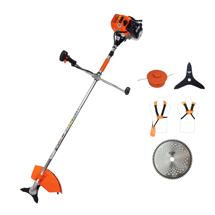 Motocoasa de tuns gazon/iarba pe benzina DAC 410, putere 3.3 CP, motor Tez, 2 timpi, diametru taiere 20 cm, contine: bobina fir + disc 3 lame + disc 80 dinti