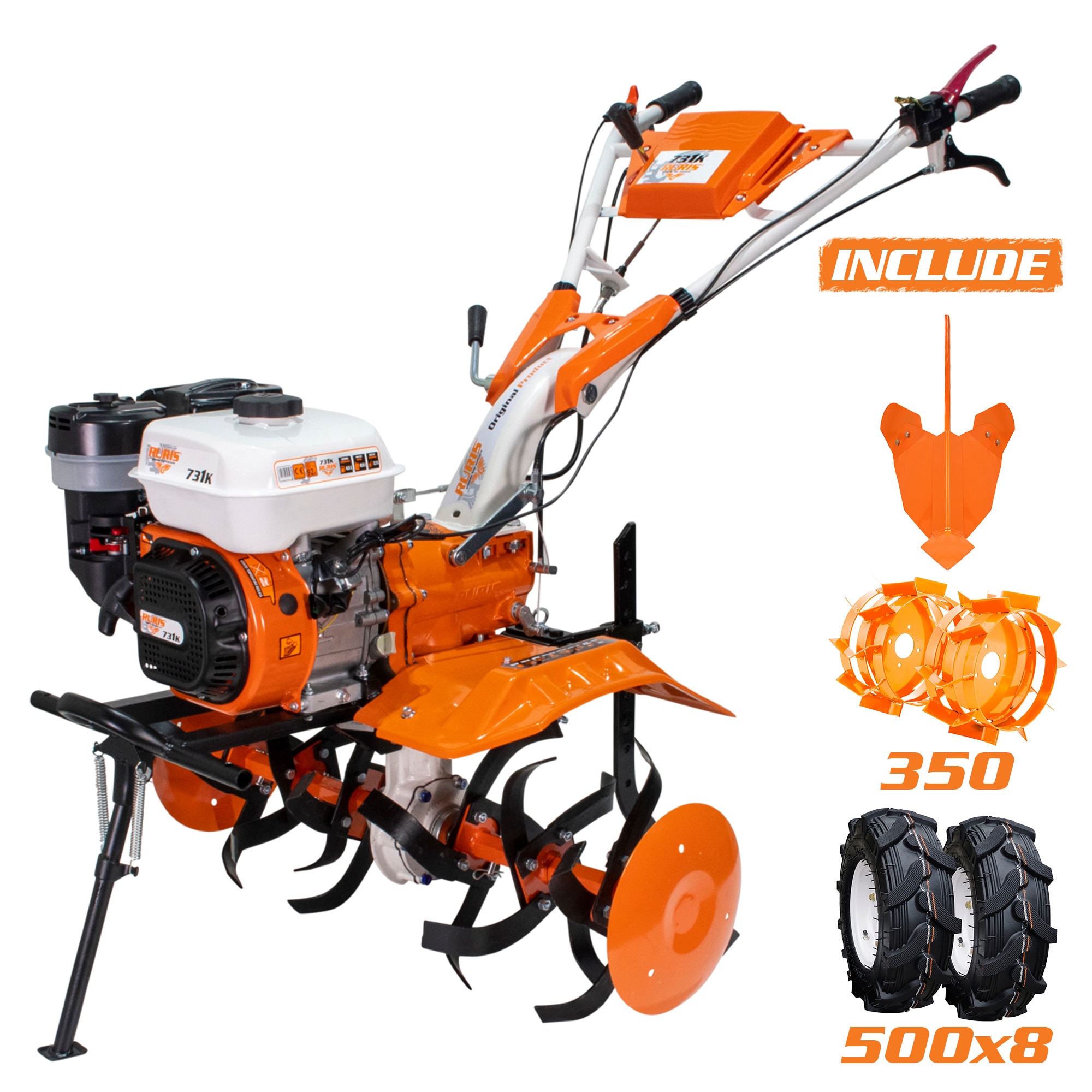 Motocultor pe benzina Ruris 731k, putere 8.5 CP, 4 timpi, 2+1 viteze, priza de putere, 34 cm adancime maxima, 83 cm latime lucru, contine: roti cauciuc + rarita ajustabila + roti m