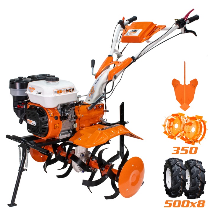 Мотофреза Ruris 731k, Мощност 8.5 к.с., 4 такта, 2+1 скорости, силоотвод, 34 см максимална дълбочина, 83 см работна ширина, Съдържа: гумени колела + регулируема скорост + метални колела