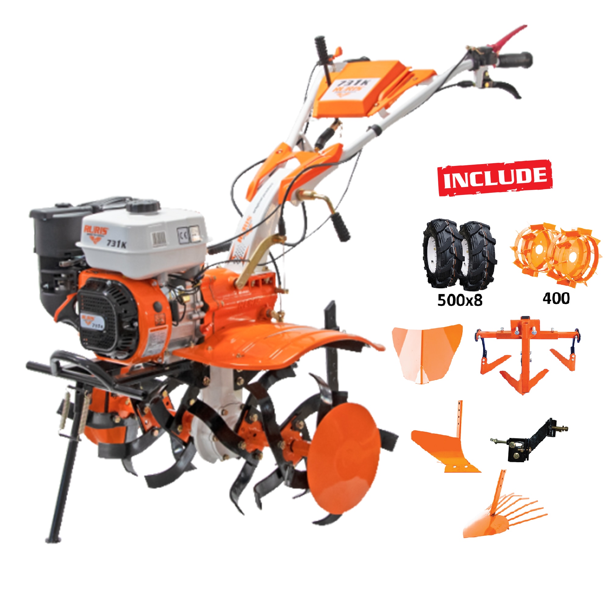Motocultor Ruris 731acc1, 7.5 CP, 83 cm latime lucru, 4 timpi, 3.6 l, benzina, roti cauciuc 5.00-8, rarita, plug, adaptor, dispozitiv scos cartofi, roti metalice 400 fara manicot+cultivator