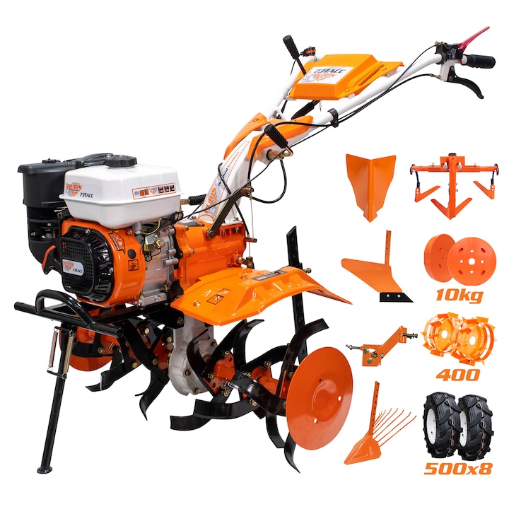 Ruris 731acc1 Motoros kapa, 7.5 LE, 83 cm munkaszélesség, 4 ütem, 3.6 l, benzin, gumikerekek 5.00-8, ritkító eke, adapter, burgonya eltávolító eszköz, fém kerekek 400 hüvely nélkül + talajmegmunkáló eszköz