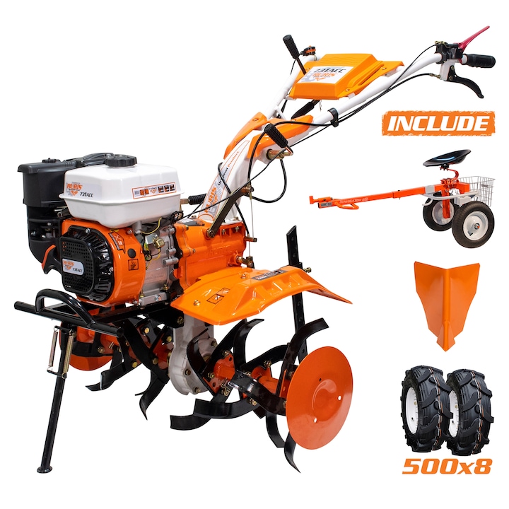 Motocultor pe benzina Ruris 731acc2, putere 7.5 CP, 4 timpi, 2+1 viteze, 83 cm latime lucru, adancime lucru 34 cm, contine: roti cauciuc 5.00-8 + rarita + accesoriu tractat