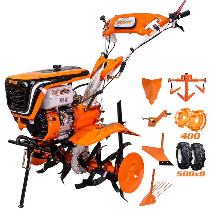 Ruris 732acc Motoros kapa, 7.5 LE, Négyütemű motor, 83 cm-es munkaszélesség, 3.6 l-es tartály, benzin, 500 x 8 gumi kerekek, ritkító eke, adapter, burgonya eltávolító eszköz, 400-as fém kerekek hüvely nélkül, művelés