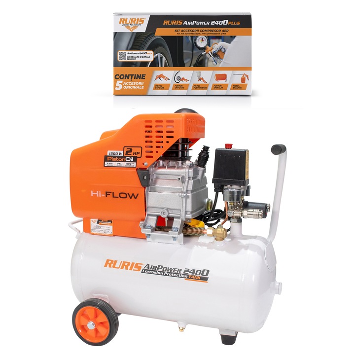 Compresor aer Ruris AirPower2400PLUS, 24l, 1500 W, 8bari, 180 L/min, kit de accesorii (pistol suflare, pistol pulverizare, pistol spălare, pistol umflare, furtun spiralat)