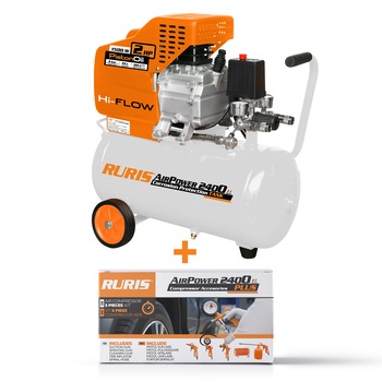 Compresor aer Ruris AirPower2400PLUS, 24l, 1500 W, 8bari, 180 L/min, kit de accesorii (pistol suflare, pistol pulverizare, pistol spălare, pistol umflare, furtun spiralat) Compresor aer Ruris AirPower2400PLUS, 24l, 1500 W, 8bari, 180 L/min, kit de accesorii (pistol suflare, pistol pulverizare, pistol spălare, pistol umflare, furtun spiralat)
