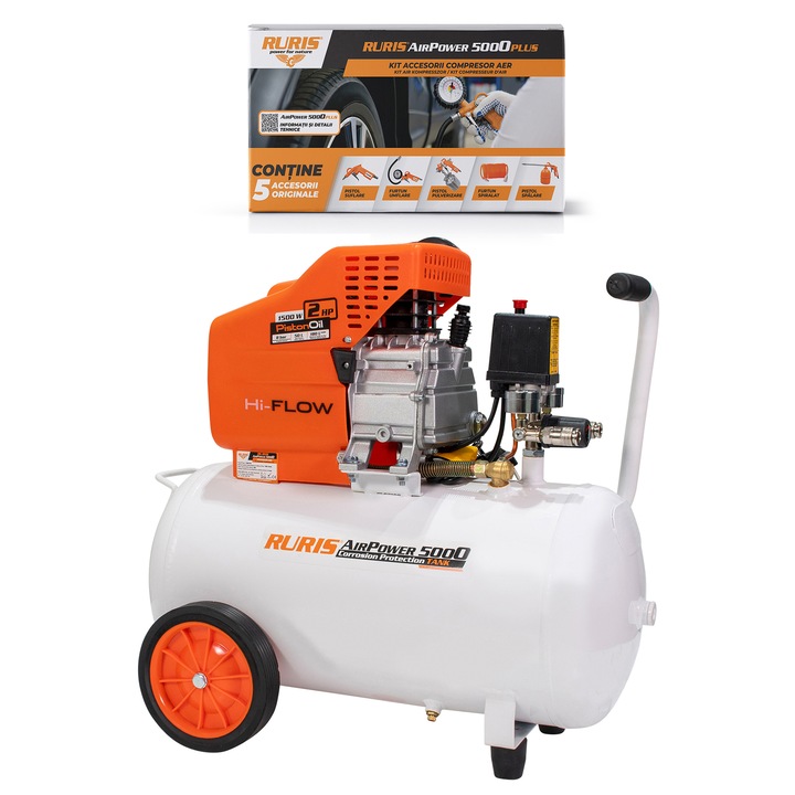 Компресор Ruris AirPower5000PLUS, 50 л, 1500 W, 8 бара, 180 л/мин, Комплект аксесоари