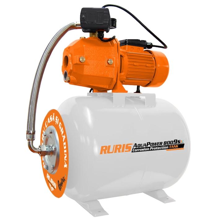 Хидрофор RURIS Aquapower 8009S, 1.100 W, 50 л, Дебит 30 л/мин, Височина на заустване 55 м, Дълбочина на засмукване 25 м