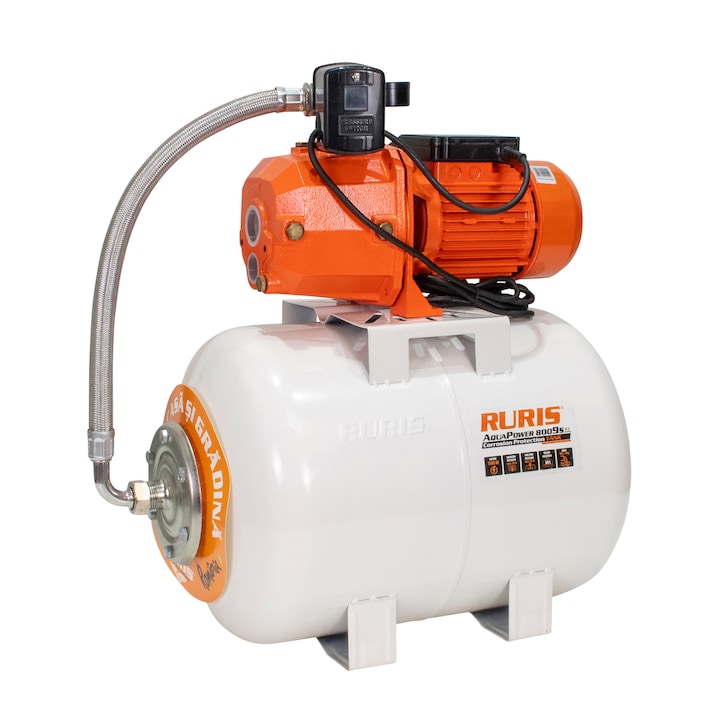 Хидрофор RURIS Aquapower 8009S, 1.100 W, 50 л, Дебит 30 л/мин, Височина на заустване 55 м, Дълбочина на засмукване 25 м