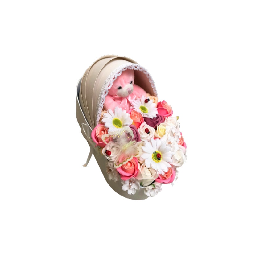 Aranjament floral din trandafiri de sapun multicolori si flori de cires in landou alb, 33 de fire si ursulet de plus roz