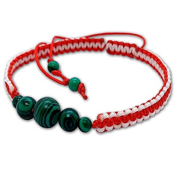 Bratara ArtDeco Martisor cu snur alb-rosu, cu pietre semipretioase Malachit de 8, 6 si 3 mm, reglabila cu diametrul de 15-25 cm Bratara ArtDeco Martisor cu snur alb-rosu, cu pietre semipretioase Malachit de 8, 6 si 3 mm, reglabila cu diametrul de 15-25 cm