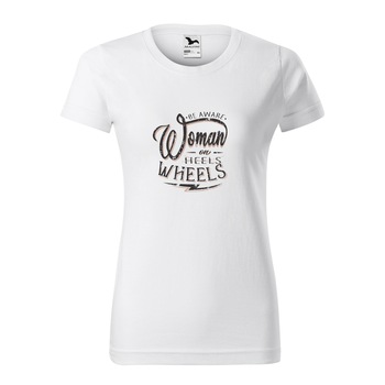 Tricou alb femei, idee de cadou, pentru bicicliste, Woman on Wheels, marime 2XL Tricou alb femei, idee de cadou, pentru bicicliste, Woman on Wheels, marime 2XL