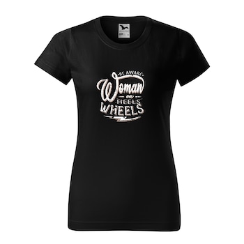 Tricou negru femei, idee de cadou, pentru bicicliste, Woman on Wheels, marime M Tricou negru femei, idee de cadou, pentru bicicliste, Woman on Wheels, marime M