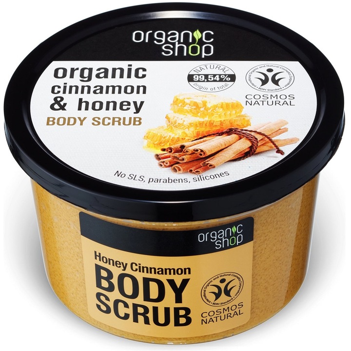 Scrub de corp delicios cu miere si scortisoara Honey Cinnamon 250 ml Organic Shop