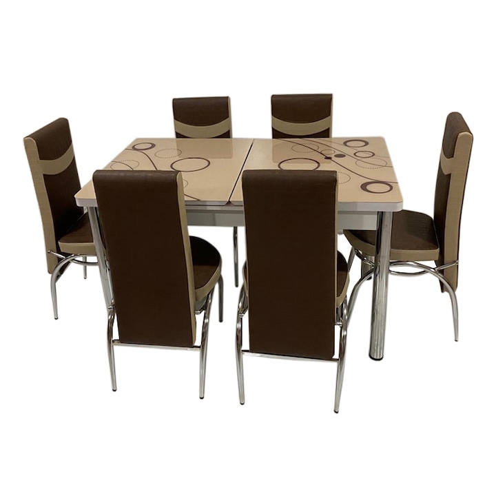 Set Masa extensibila cu 6 scaune BUBBLE Modella pentru bucatarie Capucino, 170x80x70 cm, blat sticla securizata, scaune piele eco