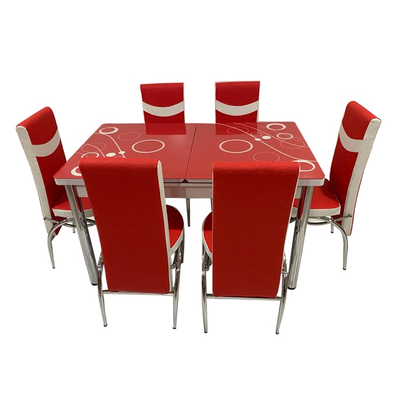 Masa extensibila cu 6 scaune Modella pentru bucatarie Rosu, 170x80x70 cm, blat sticla securizata, scaune piele eco - eMAG.ro