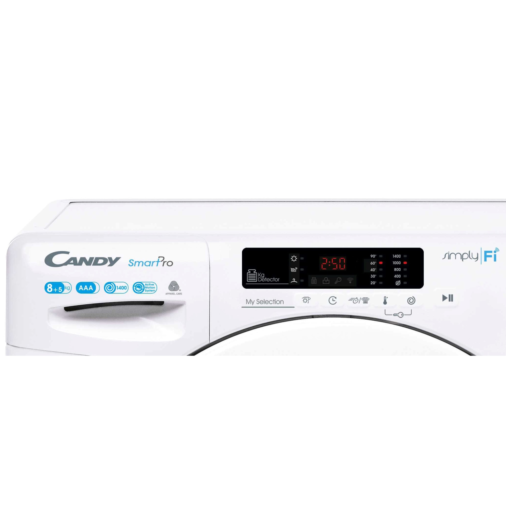 Masina de spalat rufe cu uscator Candy COW 4852D/1-S, 8 kg spalare, 5 kg uscare, Clasa D, 1400 RPM, Kilo Detector, WiFi, Bluetooth, Alb