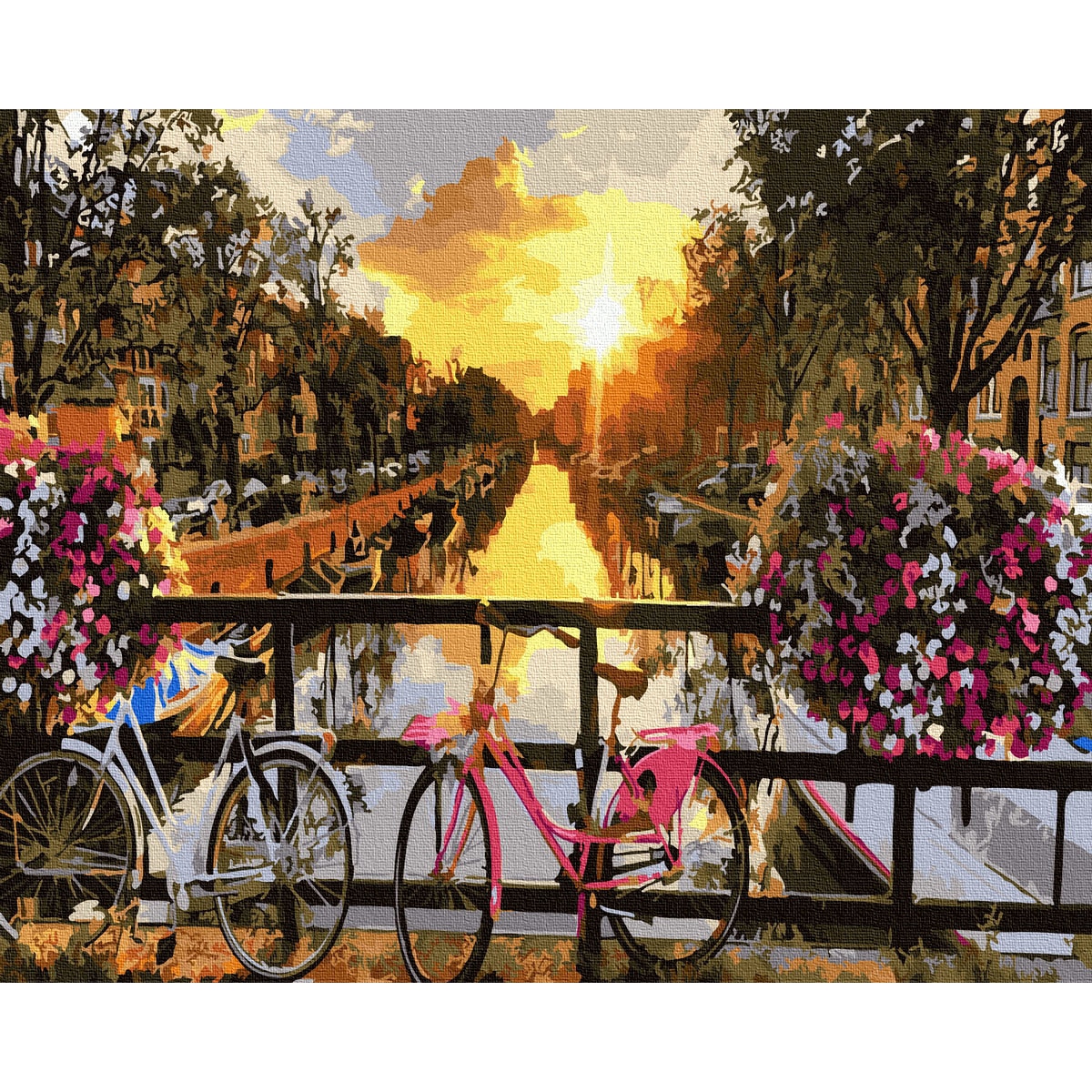 Set picturi pe numere, Acuarello, Spring in Amsterdam, 40x50cm, culori acrilice, pensule, panza incadrata pe o rama de lemn