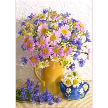 Tablou cu rama de lemn F6, Vaza cu Margarete si Garofite, Pictura cu Diamante, Goblen cu pietre 5D, 40 x 50 cm - Krista® Tablou cu rama de lemn F6, Vaza cu Margarete si Garofite, Pictura cu Diamante, Goblen cu pietre 5D, 40 x 50 cm - Krista®