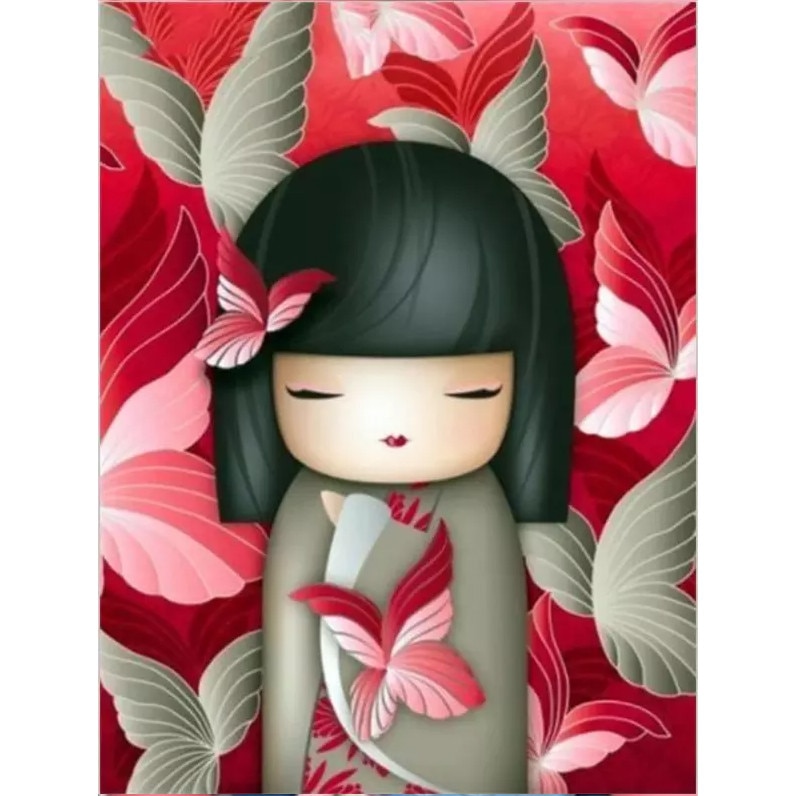 Tablou cu rama de lemn J4, Papusa Kokeshi Gri, Pictura cu Diamante, Goblen cu pietre 5D, 20 x 30 cm - Krista®